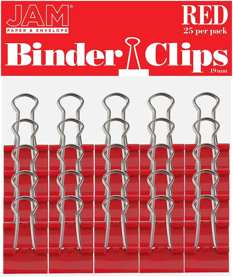 JAM PAPER Colorful Binder Clips - Small - 3/4 Inch (19 mm) - Red Binderclips - 25/Pack