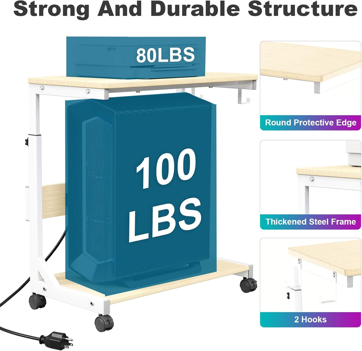Height Adjustable Computer Tower Stand with Charge Station and USB Charging Port, 2-Tier ATX-Case Cart, Under Desk Mobile PC Stand, CPU Holder Cart with Locking Caster Wheels for Fits Most PC
