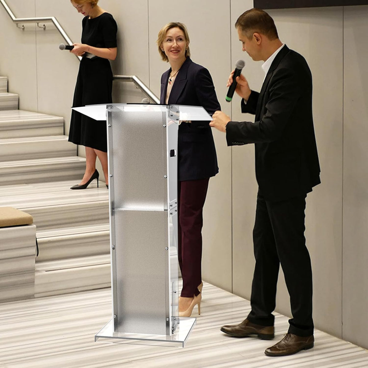Acrylic Podium Stand with Storage Shelf,Segmented Transparent Lecterns & Podiums,Pulpits for Churches、Conference、Speeches、Weddings、Classroom、Concert,47" H Professional Presentation Podiums