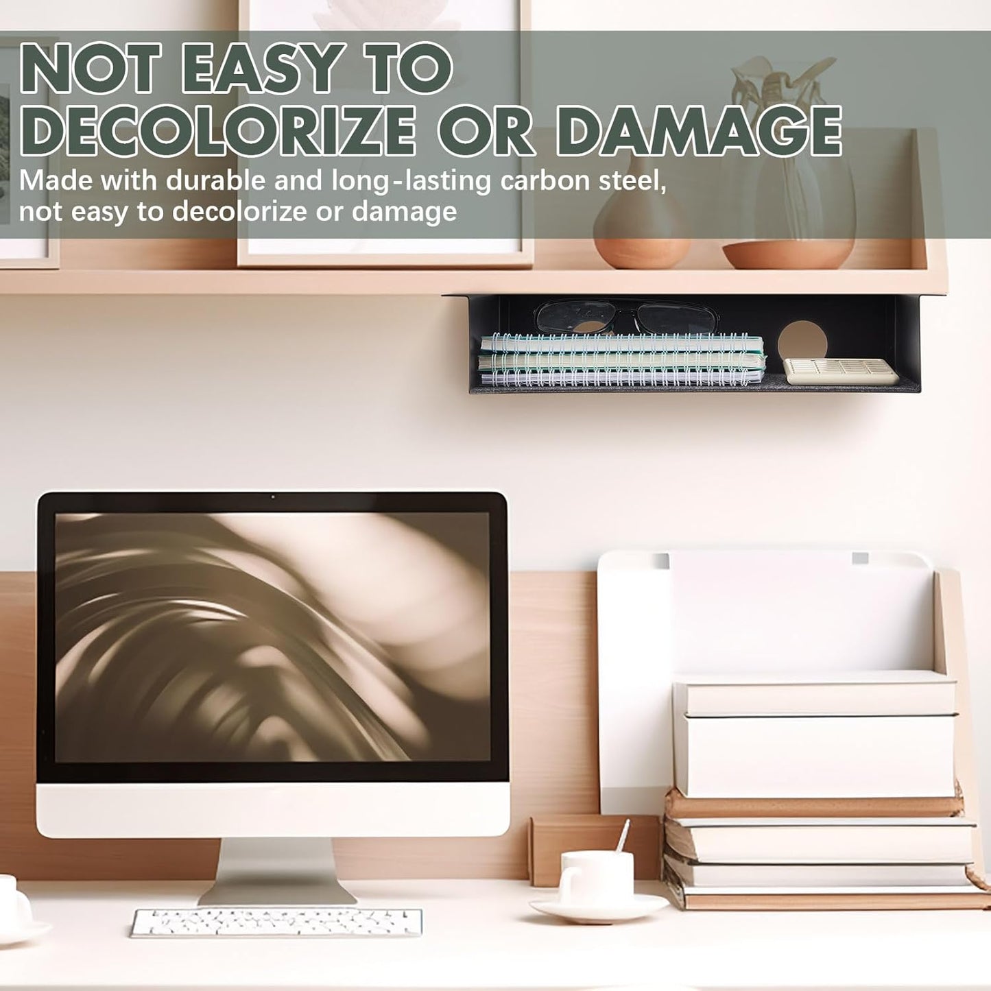 2 Pack Under Desk Storage Shelf, Carbon Steel Under Desk Tray with Mute Felt Sheets, Mount Shelf Organizer for Office Home Workstation Gaming Desk Stand up Desk, 13x8x2.8 in