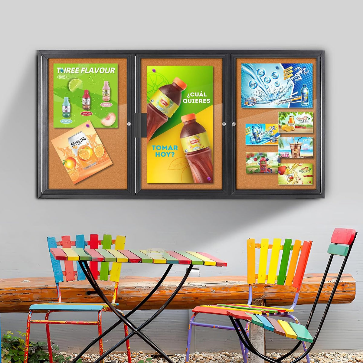Enclosed Bulletin Board Lockable,3 Doors Weatherproof Outdoor Noticeboard with Locking Door, Wall-Mounted Aluminum Framed Presentation Board, 70x36 Inch
