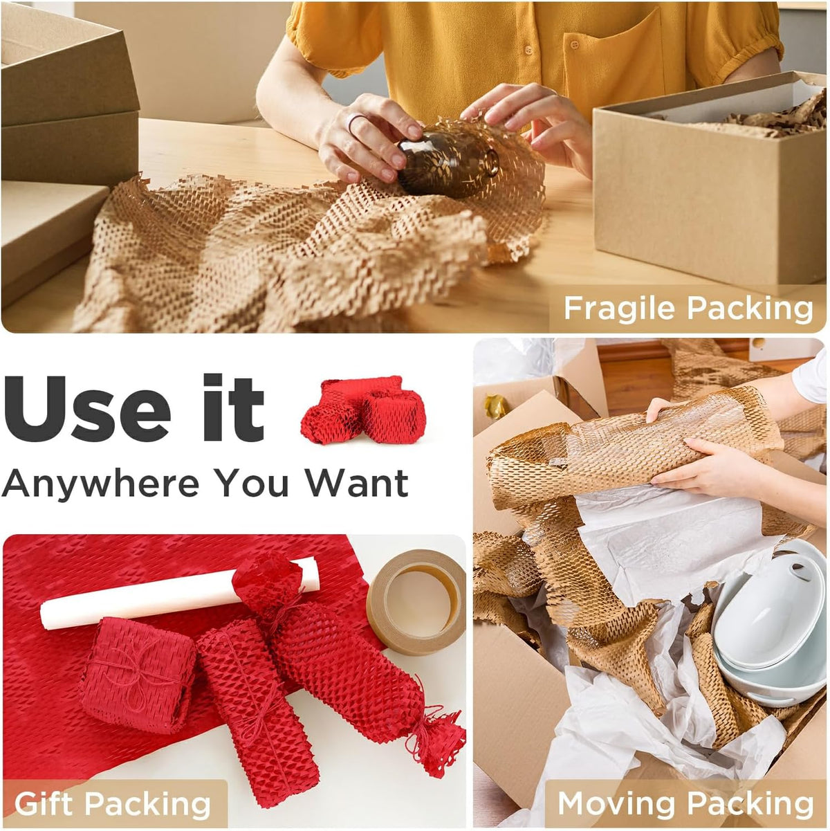 Honeycomb Packing Paper, 12"x50' Red | Perforated Honeycomb Packing Paper Recyclable Moving Supplies for Shipping & Moving | Plastic-Free Alternative to Bubble Cushion Wrap with 36 Fragile Stickers