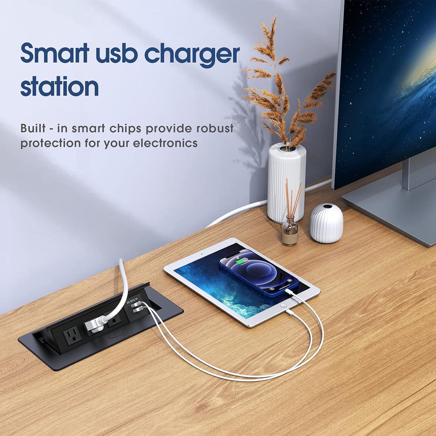 KYHSHJ Connection Box Desktop Pop Up Outlet with 2 USB Ports & 3 Outlets(Black)