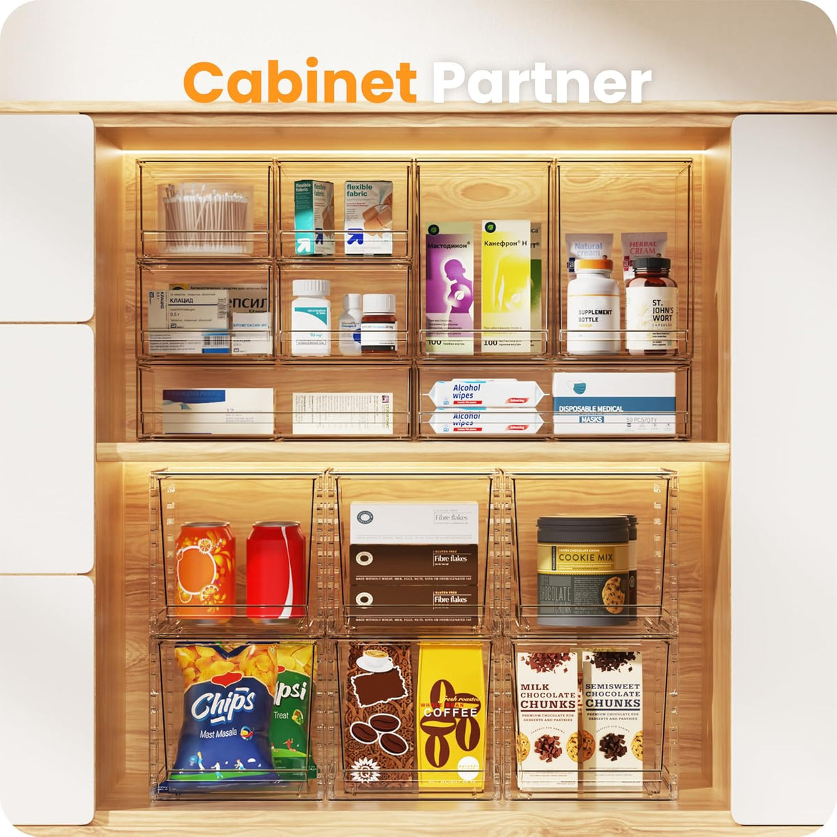 A-LuGei 【𝟮𝗣𝗖𝗦】 Acrylic Stackable Storage Drawers, 11.8" W Makeup Organizer, Bathroom Organizer and Storage, Plastic Storage Bins for Kitchen Cabinet Pantry Medicine Fridge
