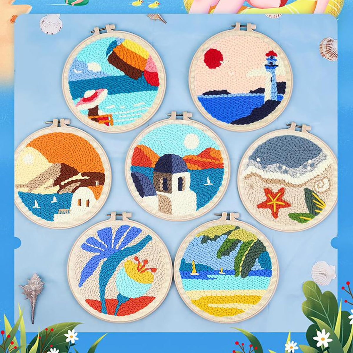 ILYUFO Punch Needle Kits Adults Beginner DIY Dreamy Beach Style 8 in Hoop Embroidery Set Starter Punch Needle Tool for Art Crafts, Ideal for All Ages, Perfect Festival Decoration & Gift (Dream Beach)