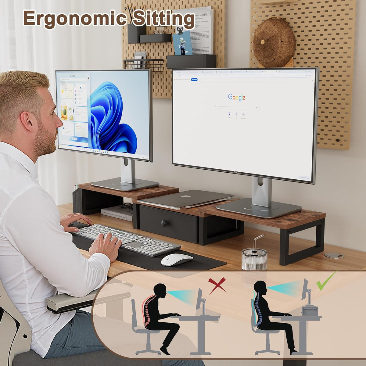 LAND·VOI Heavy Duty Dual Monitor Stand, Holds 2 Screens Up to 27 Inches, Adjustable Length and Angle Monitor Riser, Desk Organizer with Side Pockets and Drawers, Home Office Desk Storage, Rustic Brown