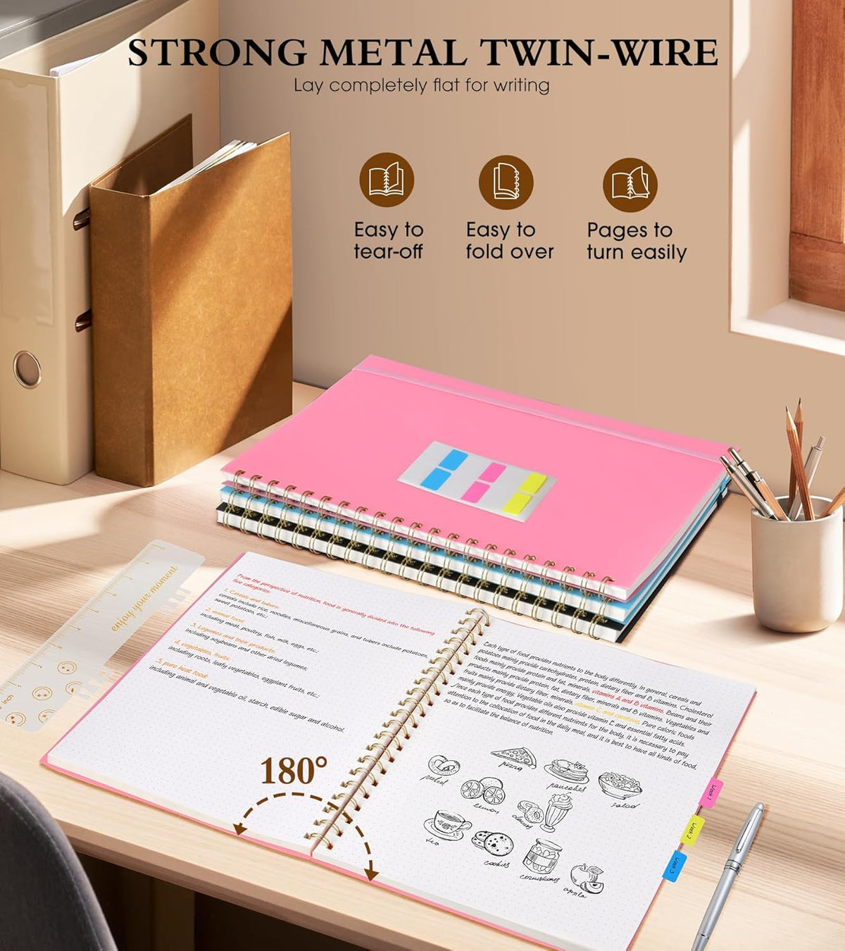 Dotted Notebook, Spiral Notebook Journal 8.5” x 11”, A4 Large Dot Grid Notebooks for Women Men, 100 GSM Dotted Paper, Plastic Hardcover Spiral Bullet Journals for Work School Sketching, Pink