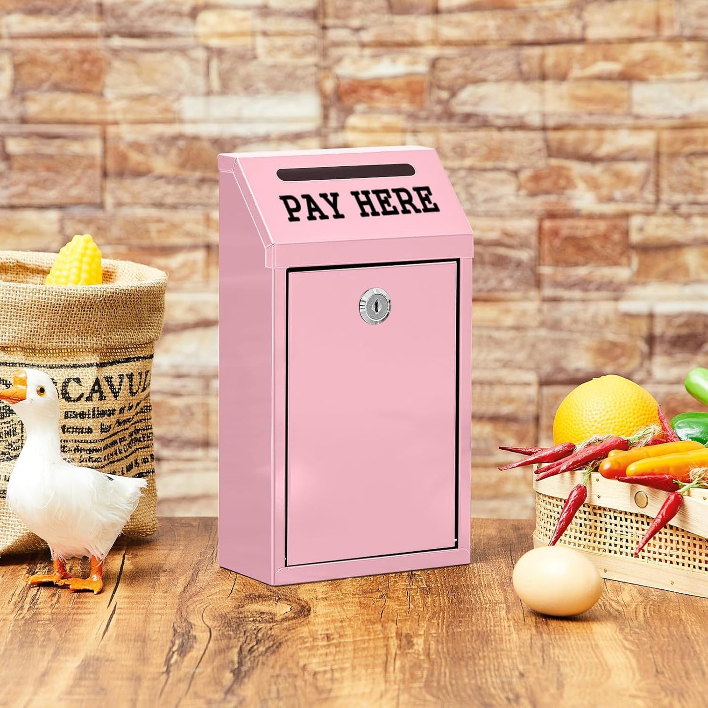 Safe Cash Box Money Collection Metal Donation Box with Lock Wall Mount Pre Drilled Mailbox Delivery Ballot for Home Office Outdoor Self Serve Stand(Pink,10.2 x 5.7 x 2.8 Inch)