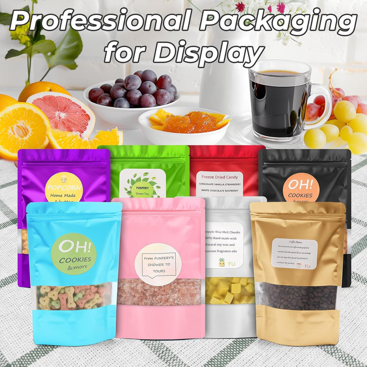 Funfery 100 Pcs Smell Proof Packaging Bags,Mylar Clear Bags for Food Storage,Sealable Bag for Packaging,Stand Up Pouches with Window,ReSealable Bag for Small Business,Cookies,Candy(White,4x6in)