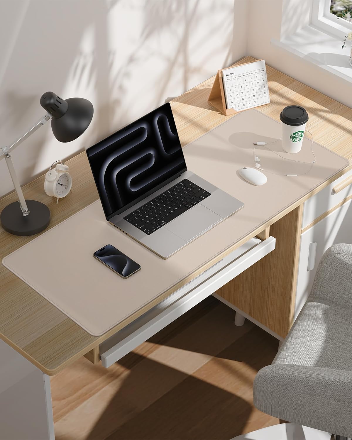 Extra Large Desk Pad Mat - Waterproof Mouse Pad & Desk Protector, Non-Slip XXL PU Leather Gaming Mat for Keyboard/Mouse, Stitched Edge with Ergonomic Support, 47.2"x23.6" (Beige)