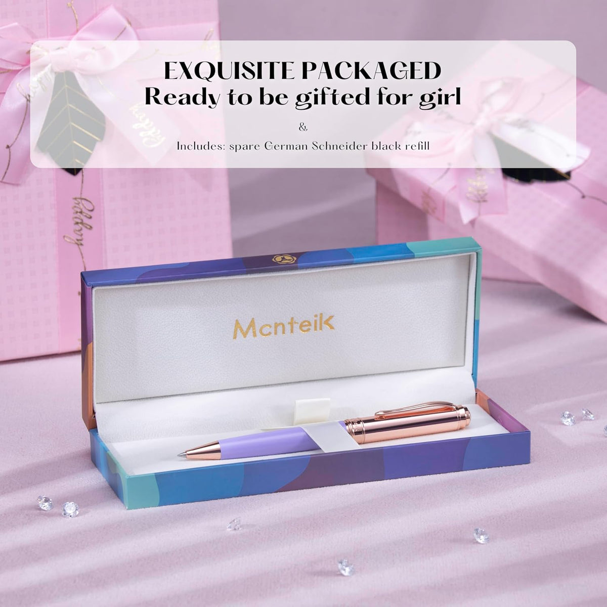 Luxury Gel Pen, Top Set With 8mm Brilliant Diamond,Stylish Purple Pen Body,Attractive Rose Real Gold Finish, Black Ink Refill,Elegant Gift Pen For Women, Unique, Fancy, Office Pens