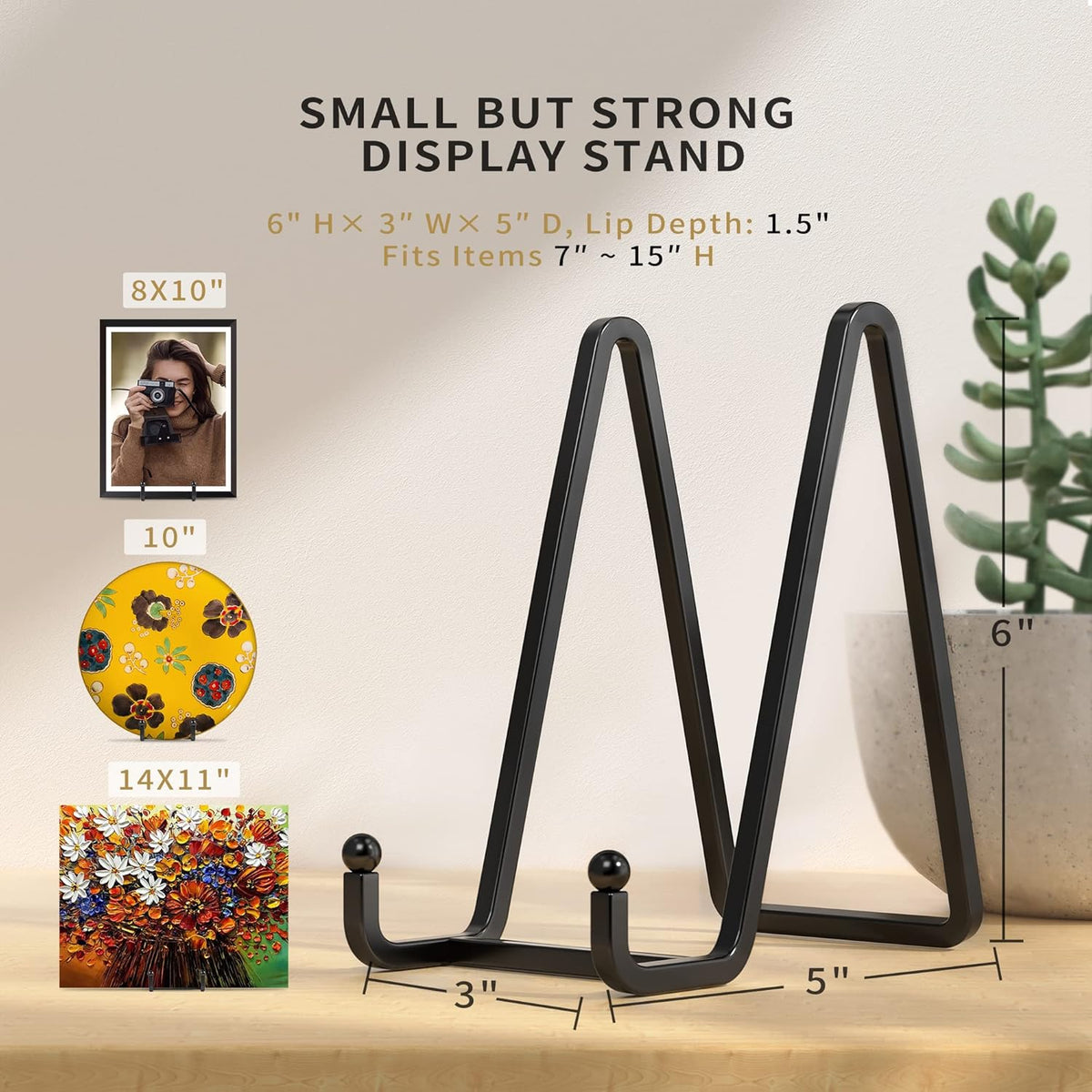 4 Pack Plate Stands for Display - 6 Inch Metal Square Wire Plate Holder Display Stand + Picture Frame Stand Holder Easel for Book, Decorative Plate, Plaque, Photo, Platter (Black)
