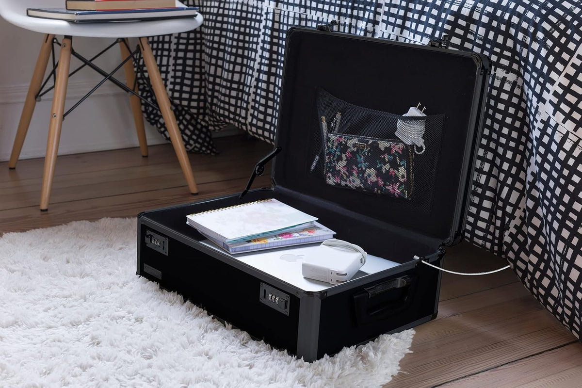 Vaultz Storage Lock Box - 6.5 x 19.25 x 13.5 Inch Lockable Dorm Storage Trunk with Combination Lock - Briefcase, Medicine Box, Lock Boxes for Personal Items, Cash, Laptop - Black on Black