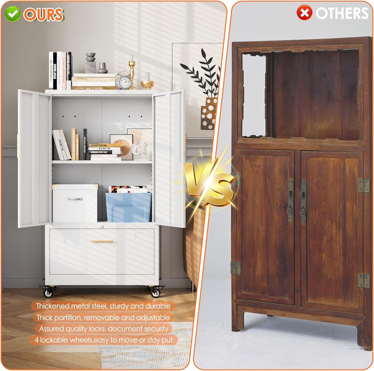 Aobabo Metal 1 Drawer Office File Cabinet with Lock and 2 Doors, Office Steel Files Cabinet with Wheels, Legal/Letter A4 Size, Assembly Required, White