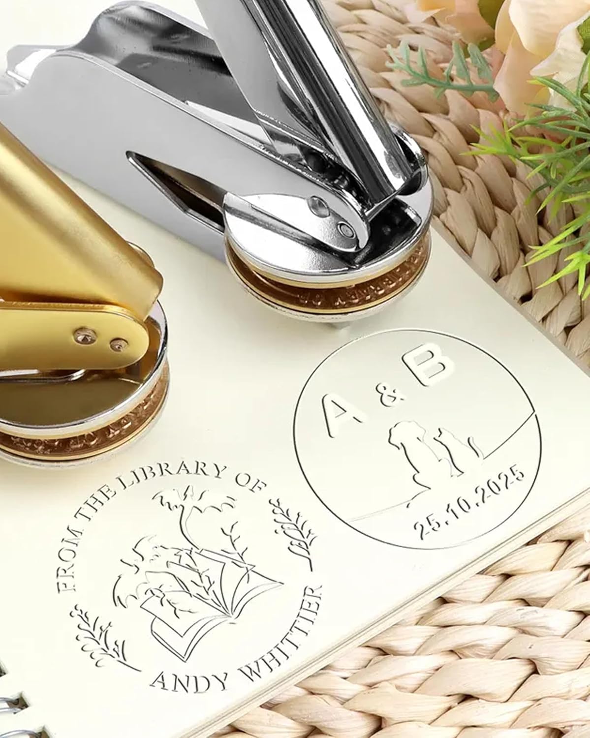 Personalized Book Embosser Stamp with Name & Design, Custom Hand Carved Library Embosser Set, Elegant Invitation Seal of Self-Inking from Library Stamp Kit (Pet Design)