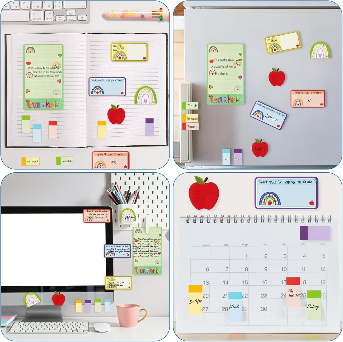 Xqumoi Boho Rainbow Teacher Sticky Notes Set, 550 Sheets, Thank You Teacher Self-Stick Note Pads Teacher Appreciation Gift Writing Memo Pads Page Marker Back to School Office Supplies (Color)