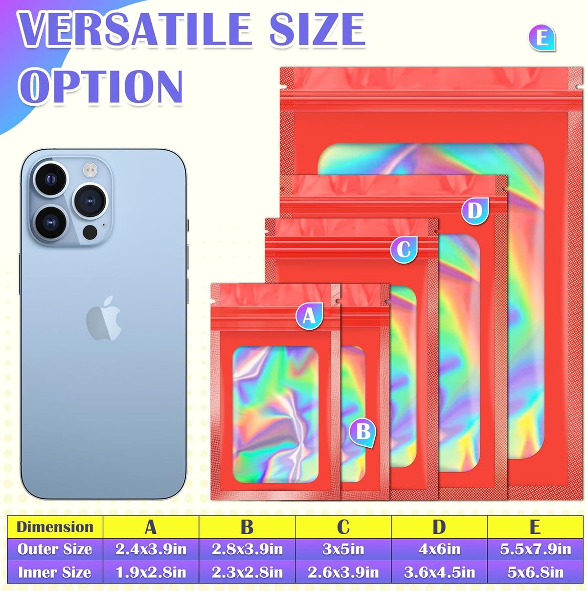 300 Pcs Mylar Bags, Smell Proof Bags Foil Pouch, Holographic Resealable Bags for Small Business, Candy Sample Jewelry Bag Sealable Packaging for Party Favor Food Storage (2.8x3.9in-Red)