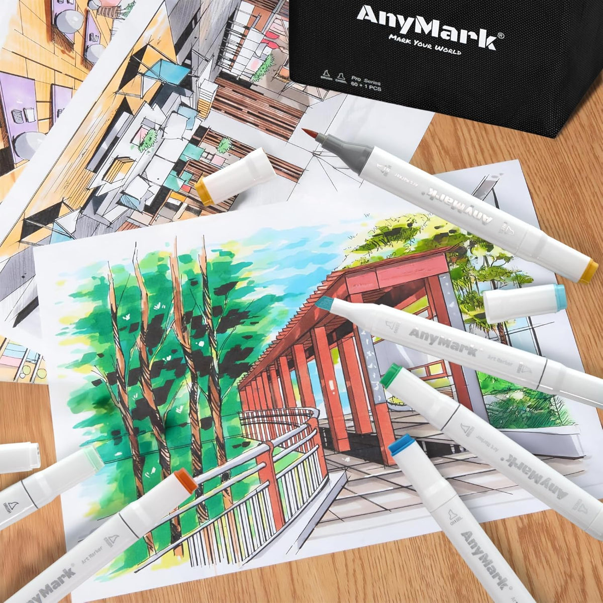 AnyMark Alcohol Markers Brush Tip, 60+1 Colors Dual Tip Brush & Chisel Alcohol-Based Art Markers Set with Case for Adult Artists Drawing Coloring