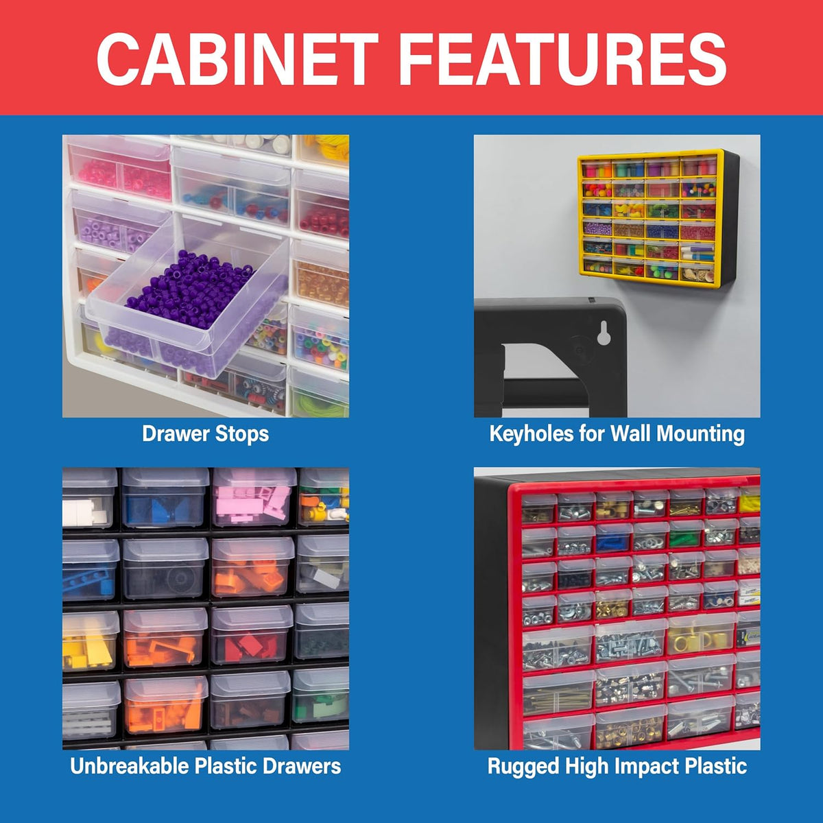 Akro-Mils 24-Drawer Plastic Drawer Storage Cabinet for Garage Organization, Bead Organizer, Building Bricks Storage, Teacher Toolbox, Makeup Organizer, 20" W x 6" D x 16" H, 10124 Red