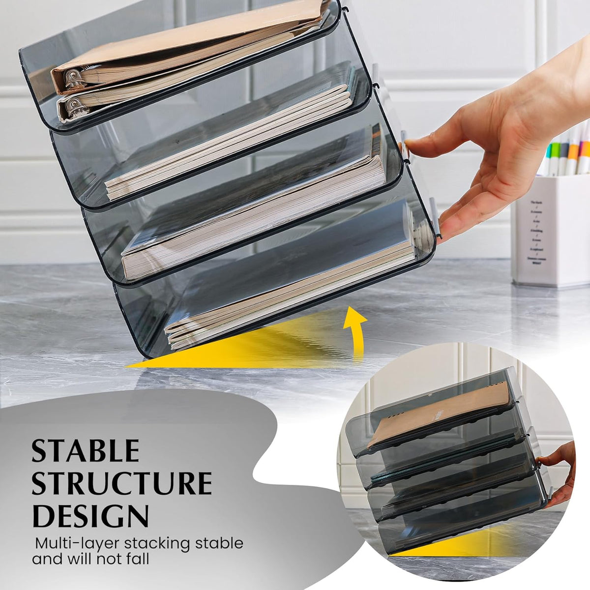 4 Pack Stackable Paper Tray, Clear File Organizer Letter Tray for Desk, Office Organizer and Storage for Desk Accessories, Notes, Books, File Paper, Document, Black