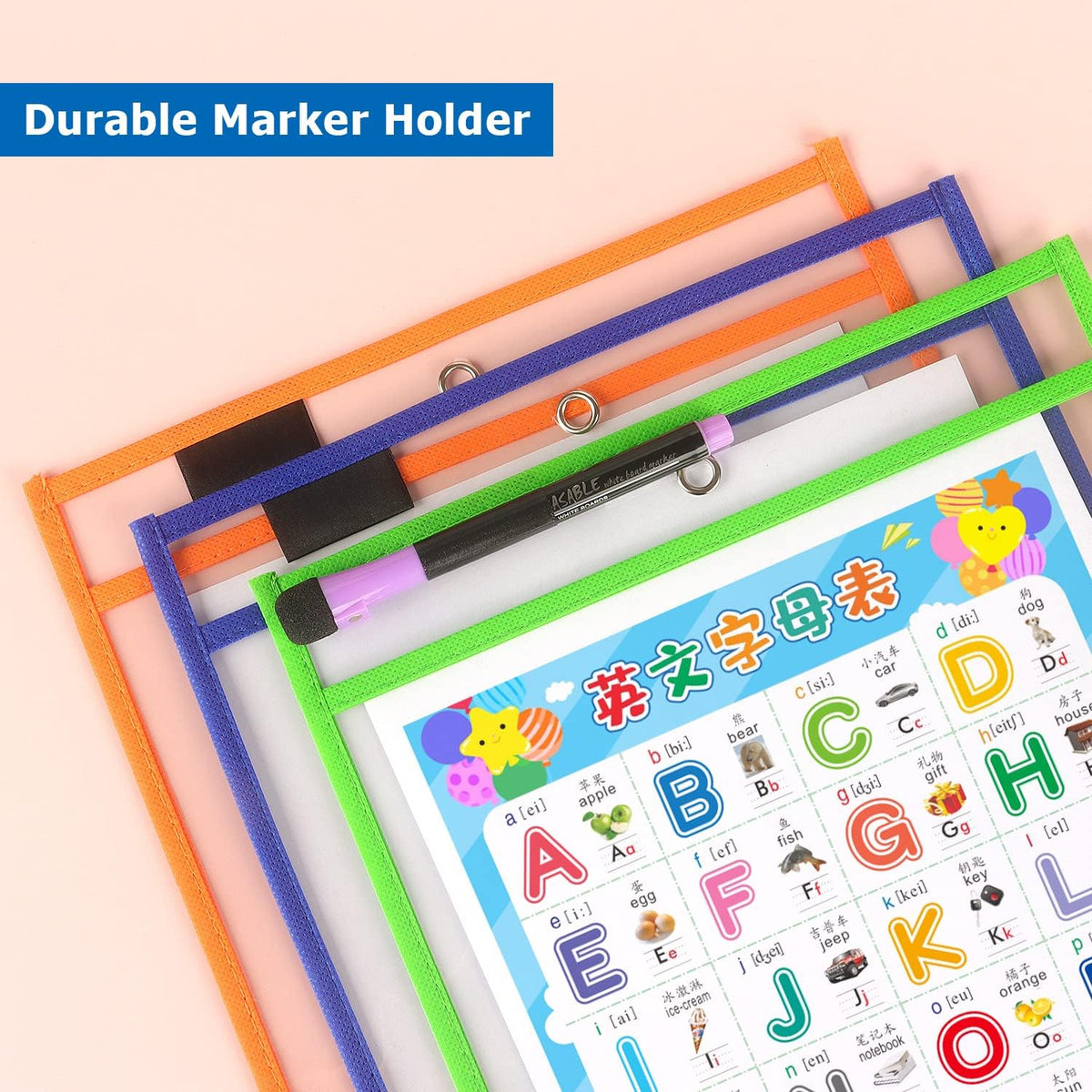 Tamaki 8 Pack Dry Erase Pockets Sleeves with Rings, 10 x 14 Inch Ticket Holders Clear Plastic Sheet Protectors for Teacher Classroom Supplies, 8 Assorted Colors