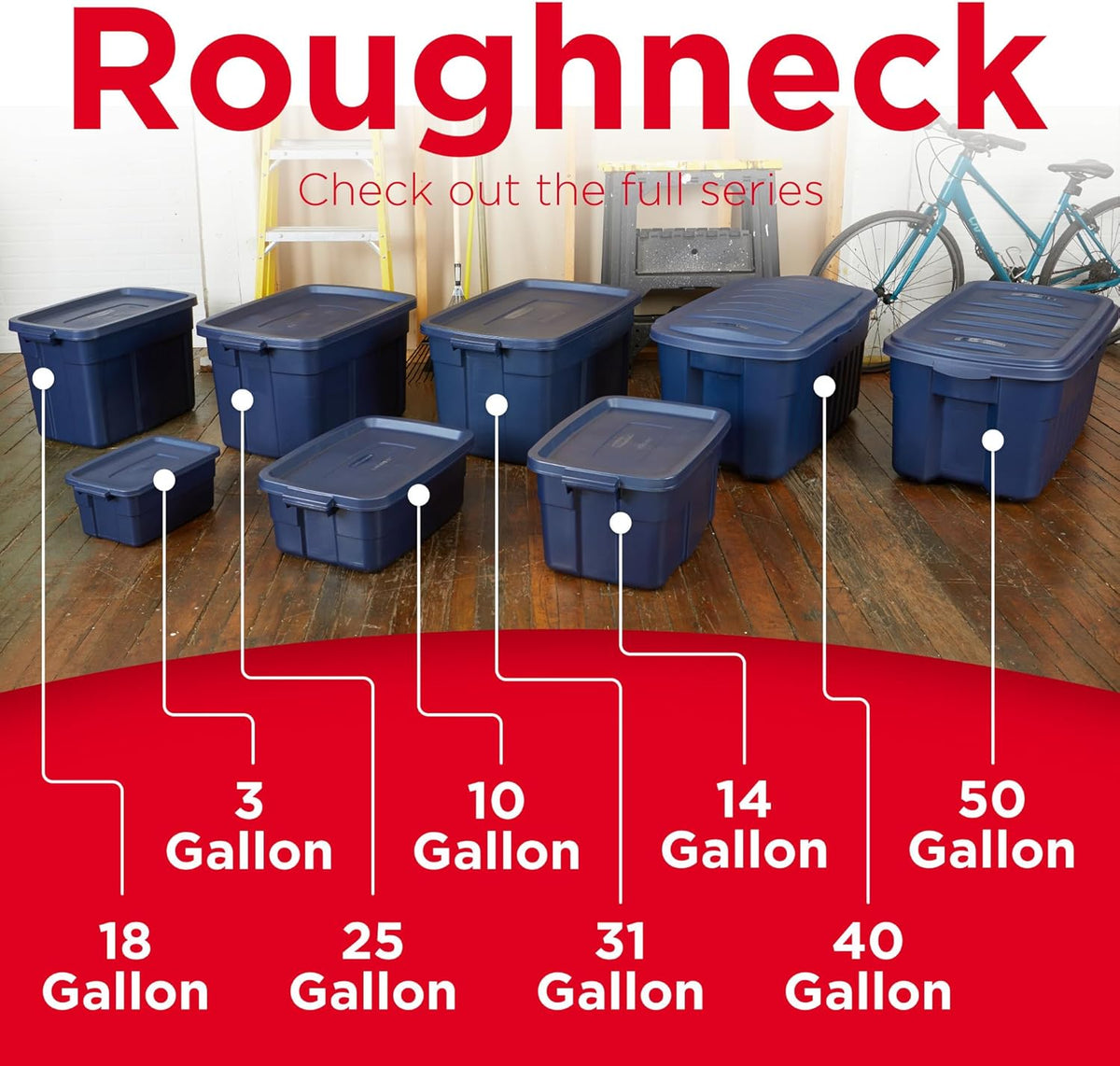 Rubbermaid Roughneck Tote Variety - |Made in the USA| Dark Indigo Metallic, Rugged Plastic Stackable Storage Tote with Lid and Handles (Pack of 10)