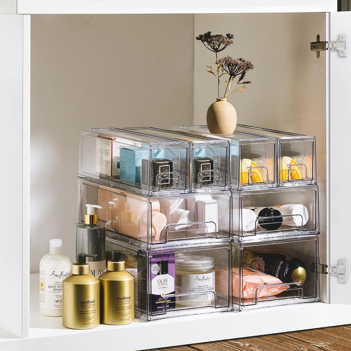 Sorbus Small Wide Clear Stackable Storage Drawers – 4-Pack Plastic Organizer Bins with Handles – Stackable Pull-Out Storage Drawers for Closet, Pantry, Office, Bathroom, Craft, and Toy Organization