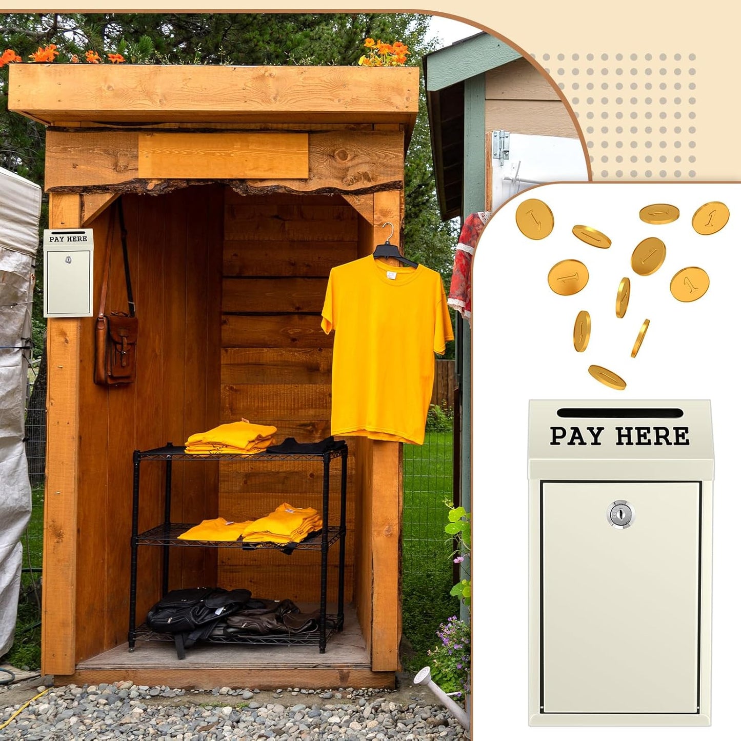 Safe Cash Box Money Collection Metal Donation Box with Lock Wall Mount Pre Drilled Mailbox Delivery Ballot for Home Office Outdoor Self Serve Stand (Beige,10.2 x 5.7 x 2.8 Inch)