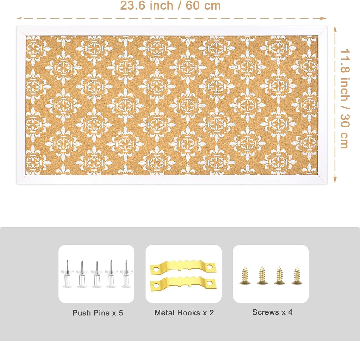 Decorative Cork Board for Walls, Bulletin Board with White Floral Print, White Framed Pin Board Vision Board for Office School Bedroom and Dorm Room with Pins, Screws(3060,1pc)