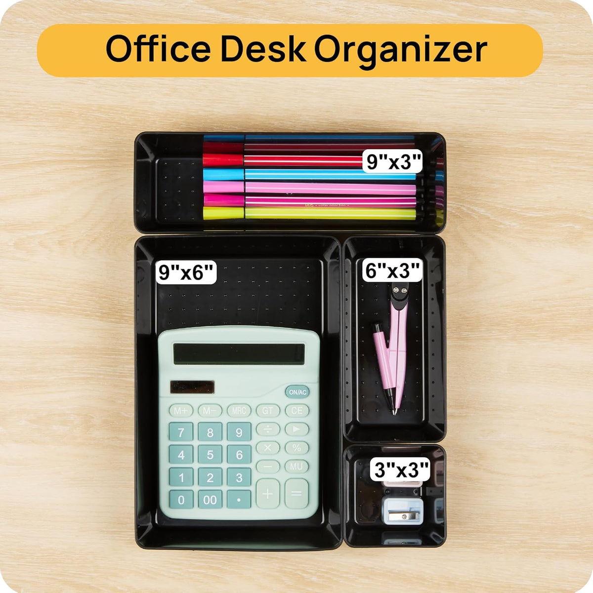 Vtopmart 25 PCS Office Desk Drawer Organizers Set, 4-Size Versatile Plastic Drawer Organizer Trays, Storage Bins for Desk Accessories Office Organizers and Storage, Bathroom, Makeup, Vanity, Black