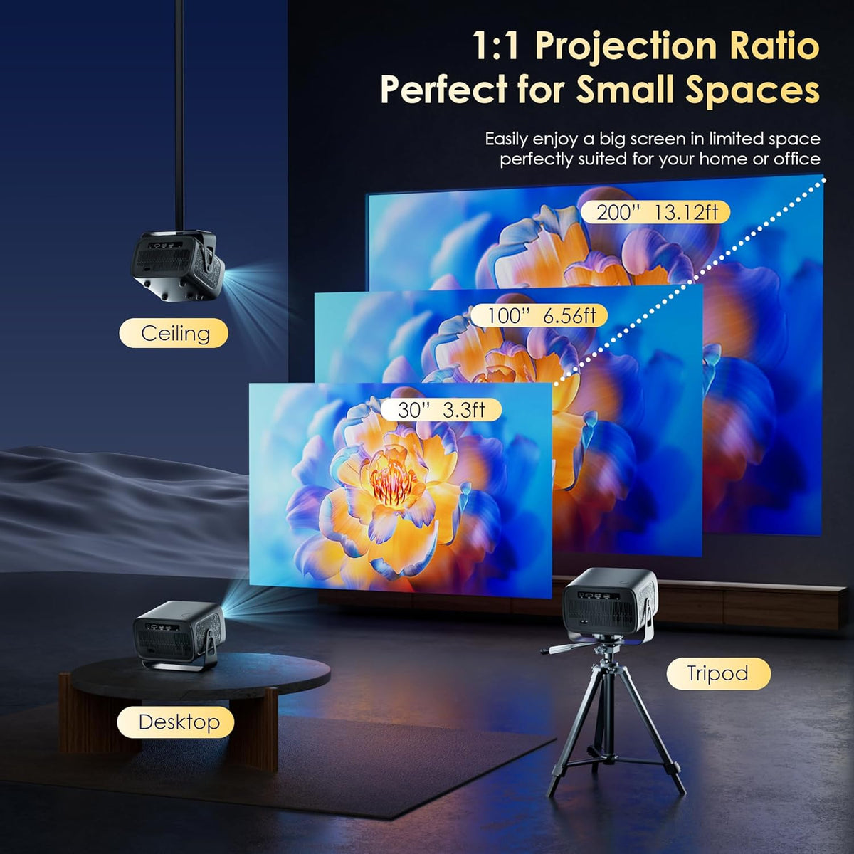 Mini Projector with WiFi and Bluetooth, Electric Focus & Vertical Keystone, 1080P HD 4K Support, Smart Projector with Built-in Streaming Apps, Portable Projector for Outdoor & Home Movie