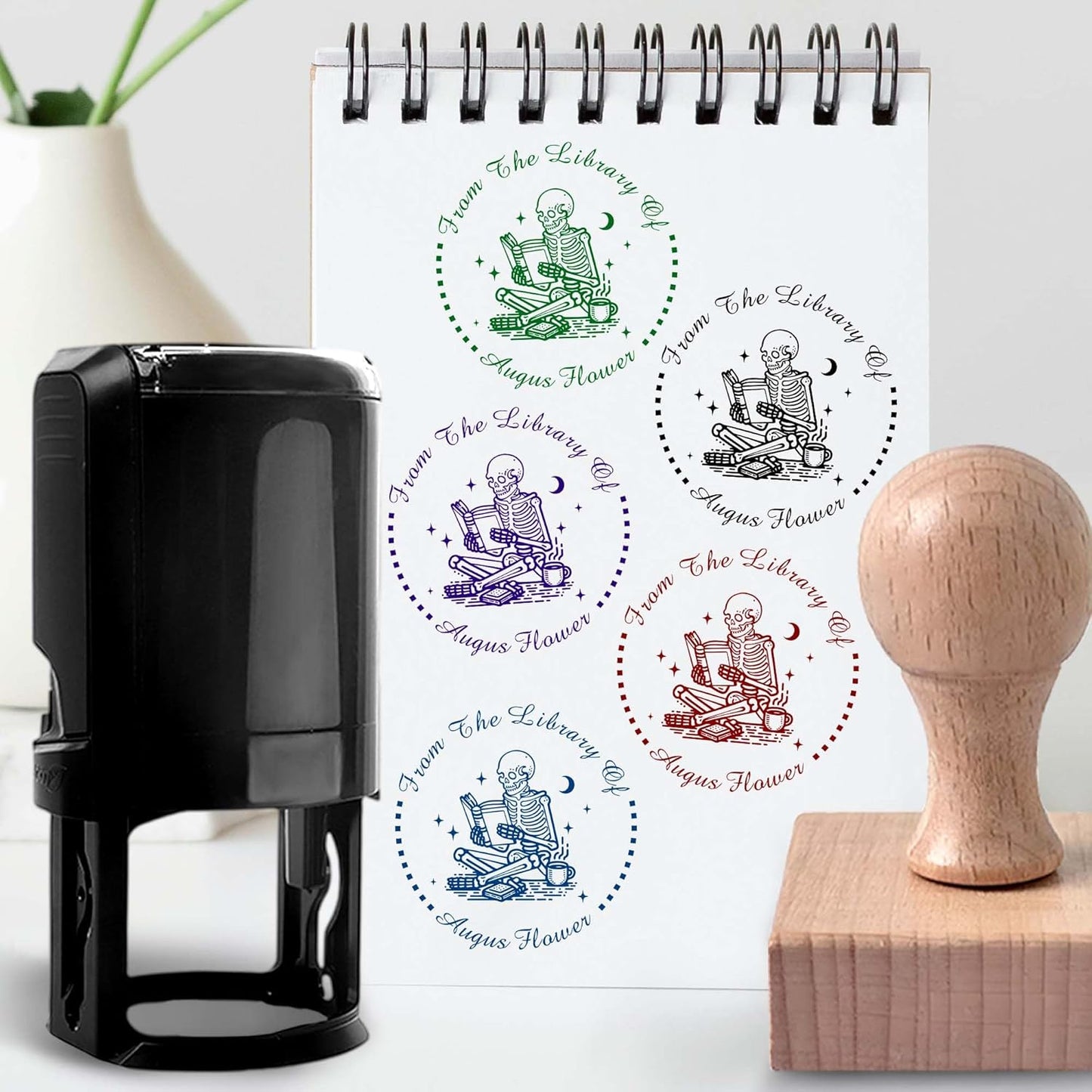 Skull Themed Library Book Embosser,Custom Book Business Card Paper Document Notebook,Self Inking Stamp,Book Lover Gifts,Christmas Gifts (Style01)