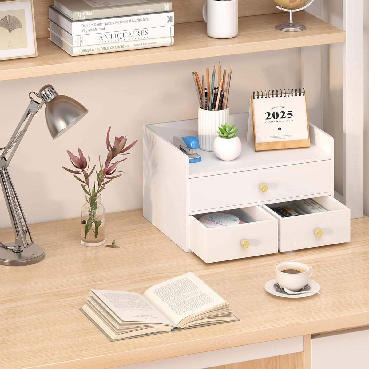 Bamboo Desk Organizer - Stackable, No Assembly Required, Ideal for Office/Home Use - Perfect for Toiletries, Stationery, Accessories. (White, Fence three Desk Organizer)