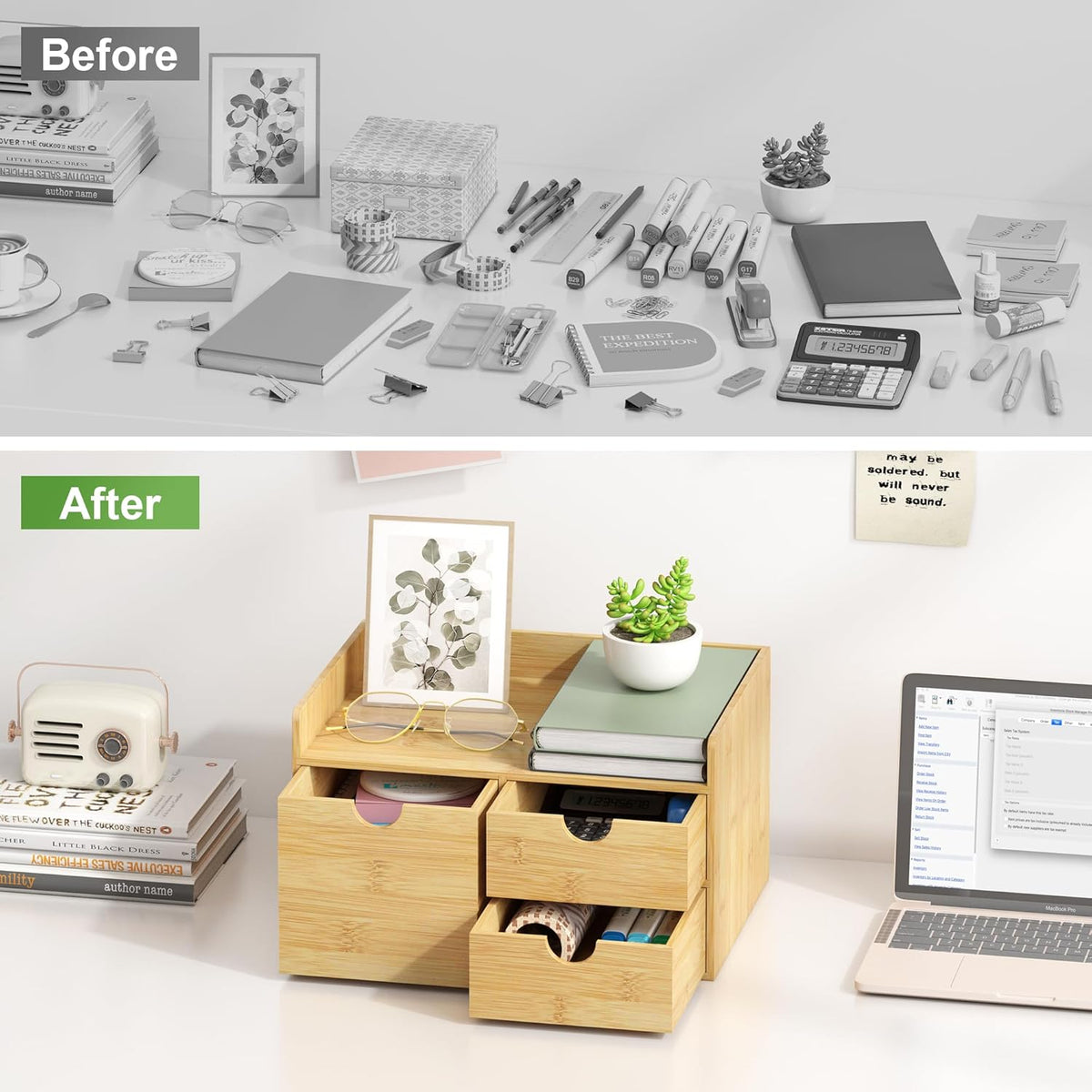 Desk Organizer with Drawers - Bamboo Desktop Organizer Storage | Wood Desk Drawers Organizer for Bills, Office Supplies, Cosmetics, Seals No Assembly Required (3 Drawer with Big Drawer)