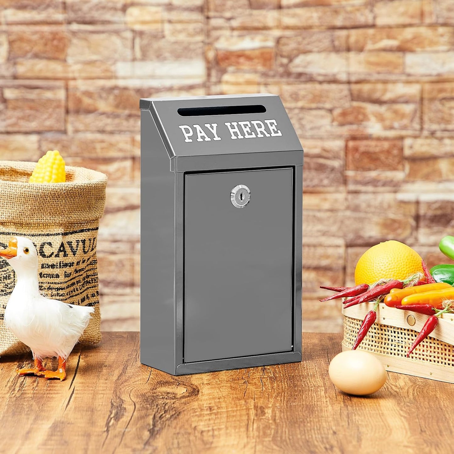 Safe Cash Box Money Collection Metal Donation Box with Lock Wall Mount Pre Drilled Mailbox Delivery Ballot for Home Office Outdoor Self Serve Stand(Grey,10.2 x 5.7 x 2.8 Inch)