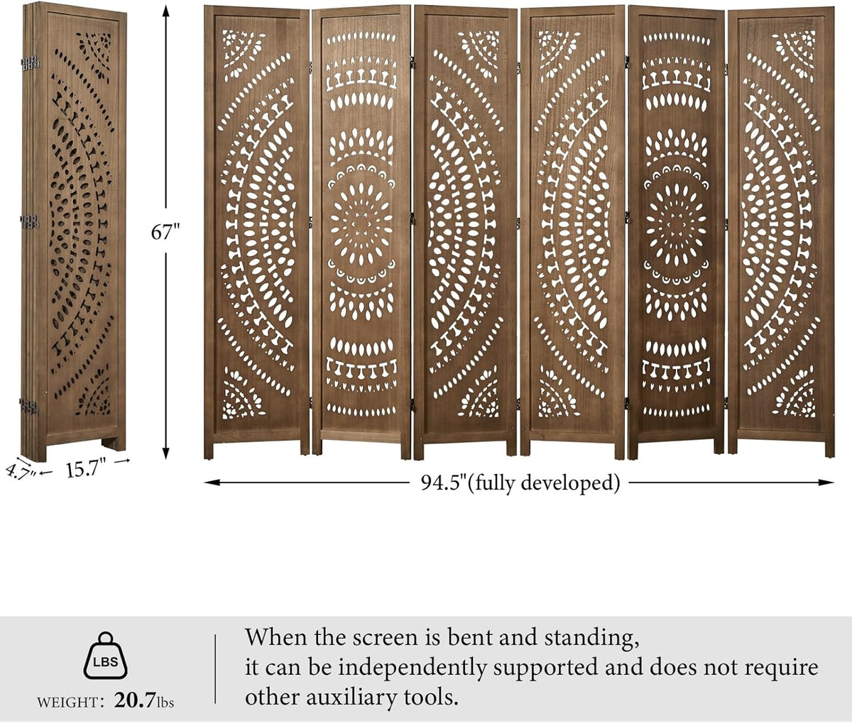 66.9Inch Folding Room Divider, 6 Panels Wood Carved Privacy Screens Free Assembled Freestanding Partition for Bedroom Home Office (Brown)
