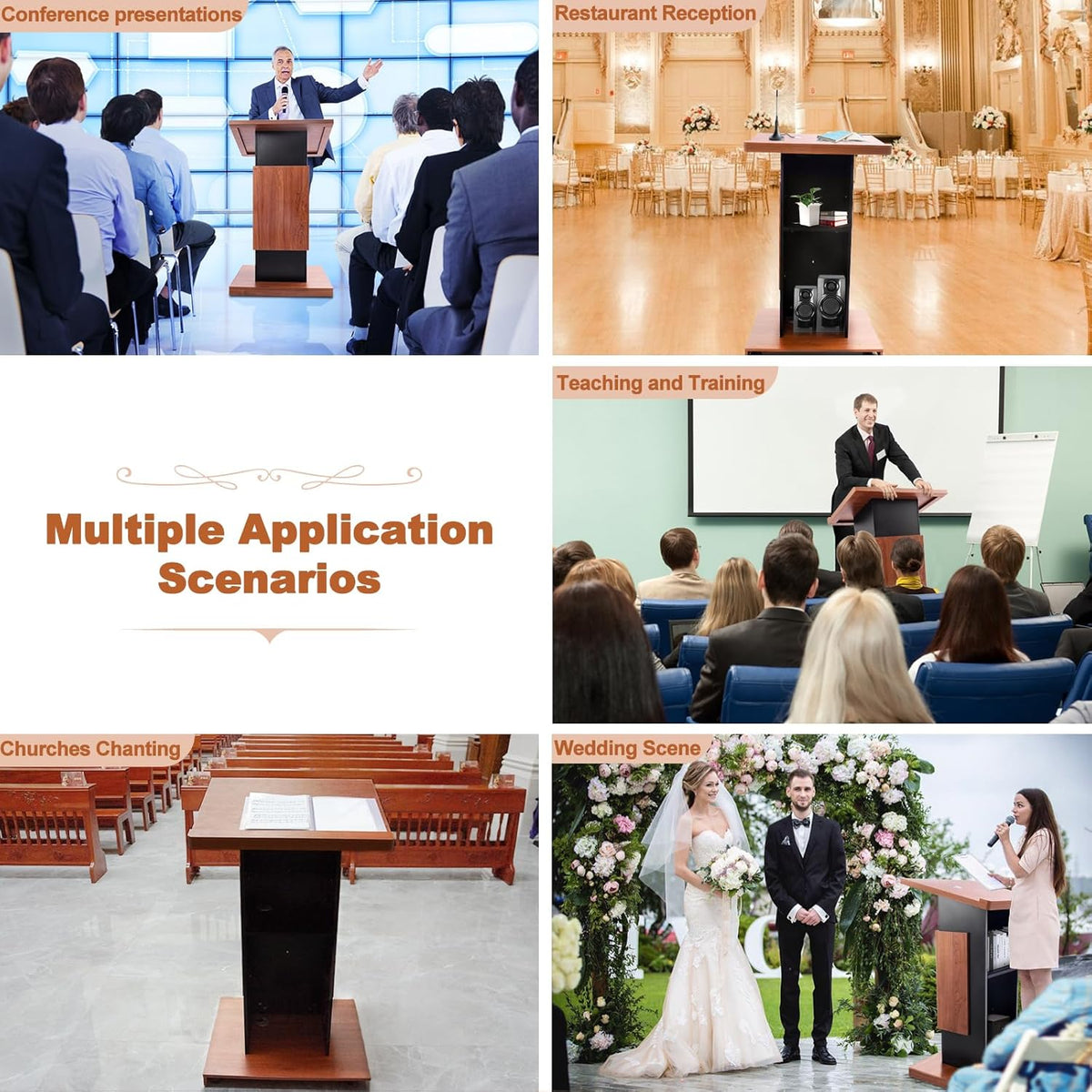 47”H Wooden Podium Stand with Lockable Wheels, Portable Lectern for Churches, Schools, Offices, and Conferences, Durable 15MM Particle Board Pulpit with Storage Shelves and Mic Slot