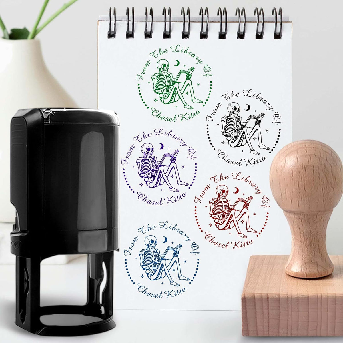 Skull Themed Library Book Embosser, Custom Book Business Card Paper Document Notebook,Self Inking Stamp,Book Lover Gifts,Christmas Gifts (Style08)