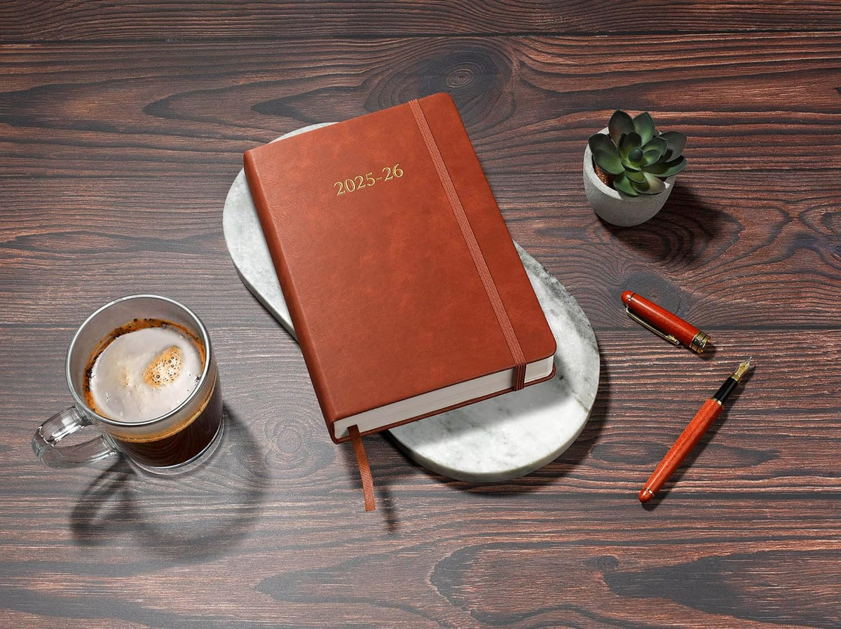 Wykeham's Executive 2025-26 Daily Journal Planner – Customization Available – Mid-Year Academic Diary (Brown, 8.5"×5.5")