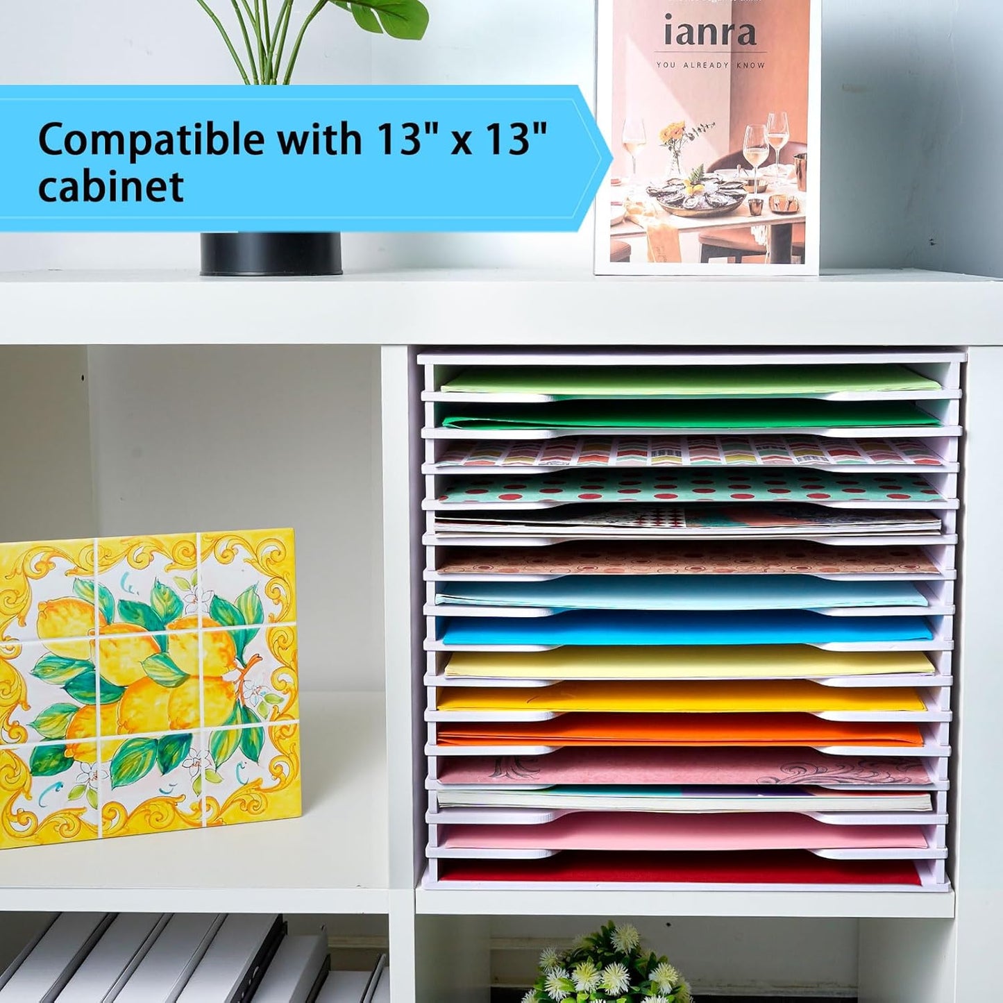 SANFURNEY Scrapbook Paper Organizer for Sizes 12" x 12", 15 Slots File Sorter Storage, Document Holder, Desktop Scrapbook Paper Organizer Rack for Home Office School (White, 15 Slots - Standard Size)