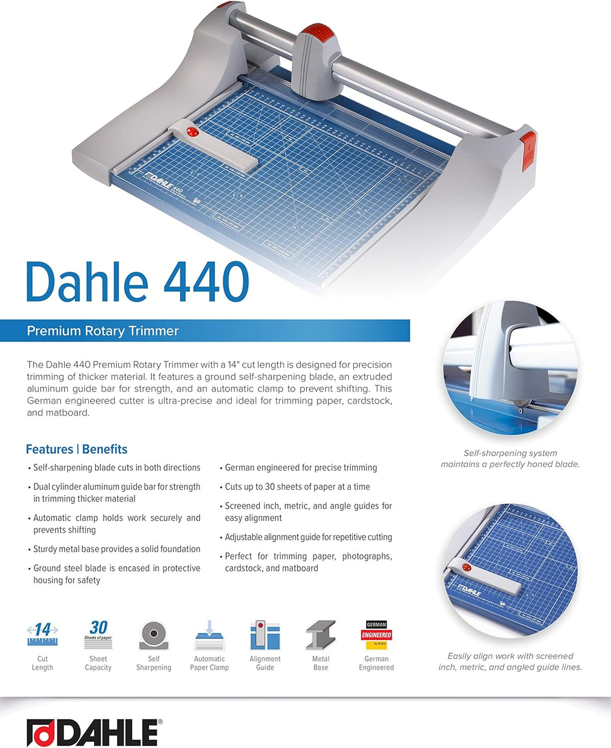 Dahle 440 Premium Rotary Trimmer, 14" Cut Length, 30 Sheet Capacity, Self-Sharpening, Automatic Clamp, German Engineered Paper Cutter