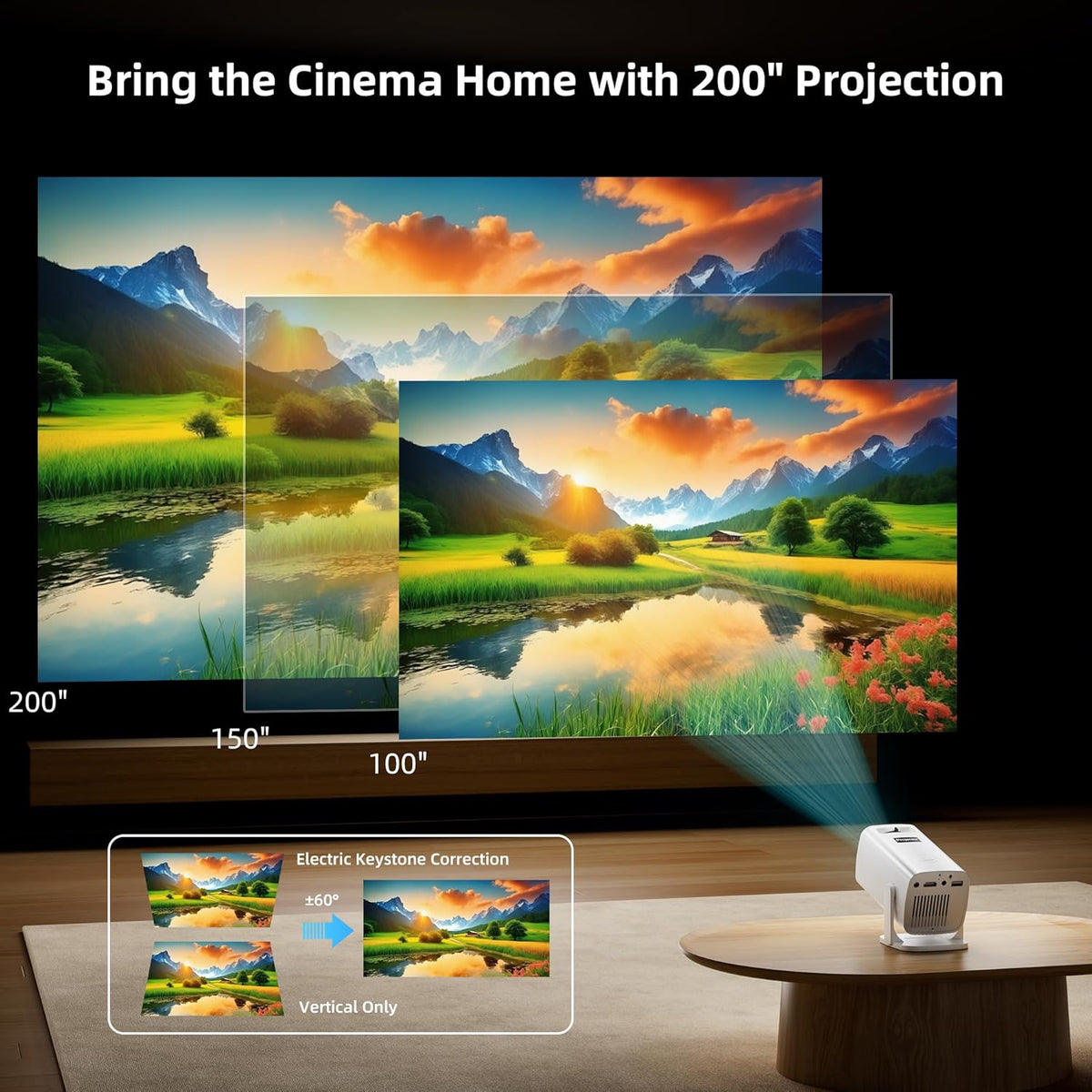 Mini Projector, Portable Projector 4K Support, Full HD 1080P Outdoor Projector, 270° Rotation Movie Projector, Compatible with Smartphone, TV Stick, Laptop, PS4, HDMI, USB (No WiFi or Bluetooth)