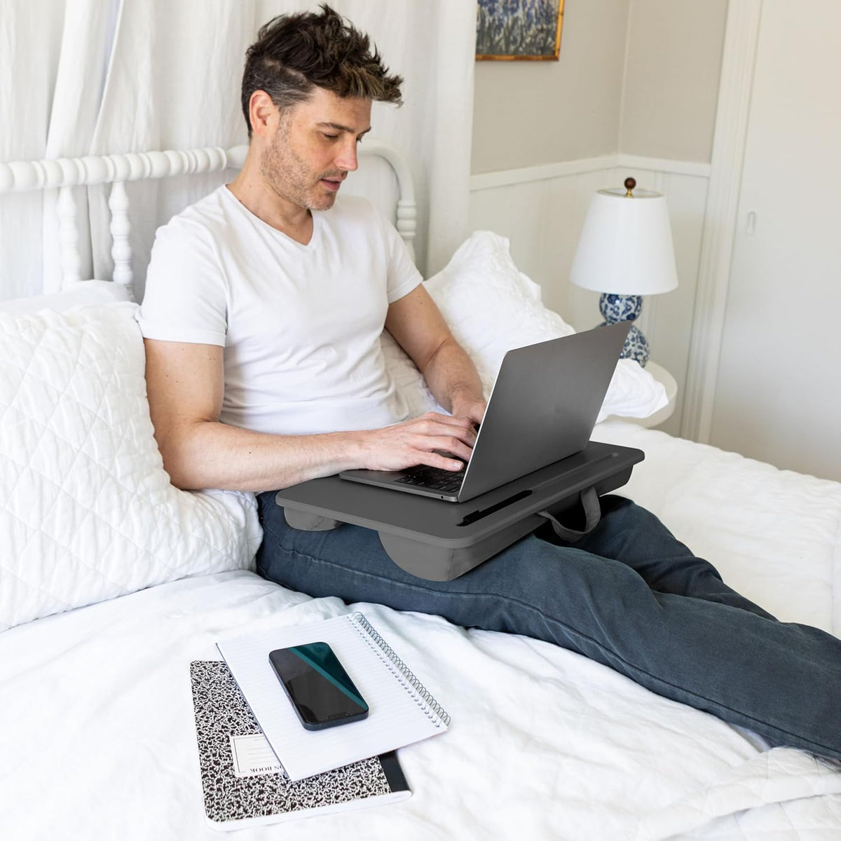 LAPGEAR Original Lap Desk – Large (17.9” x 13”) | Fits Up to 17.3” Laptops | Cushioned with Device Ledge, Pencil Tray & Handle | Portable & Lightweight | Charcoal – Style No. 45155
