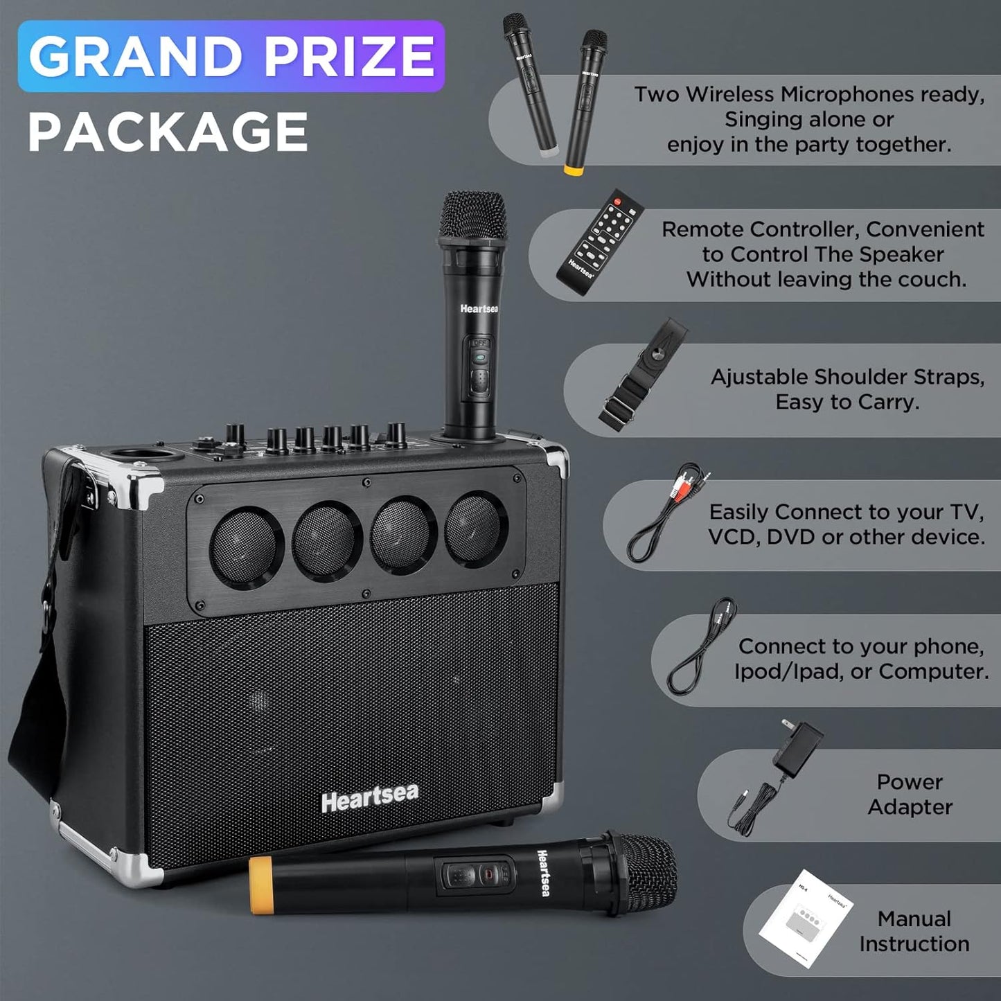Heartsea Karaoke Machine with 2 Wireless Microphones for Adults & Kids – Portable Big Bluetooth Party Speaker, Voice Amplifier with TWS Pairing, 3-Way Big Sound for Home & Outdoor Party