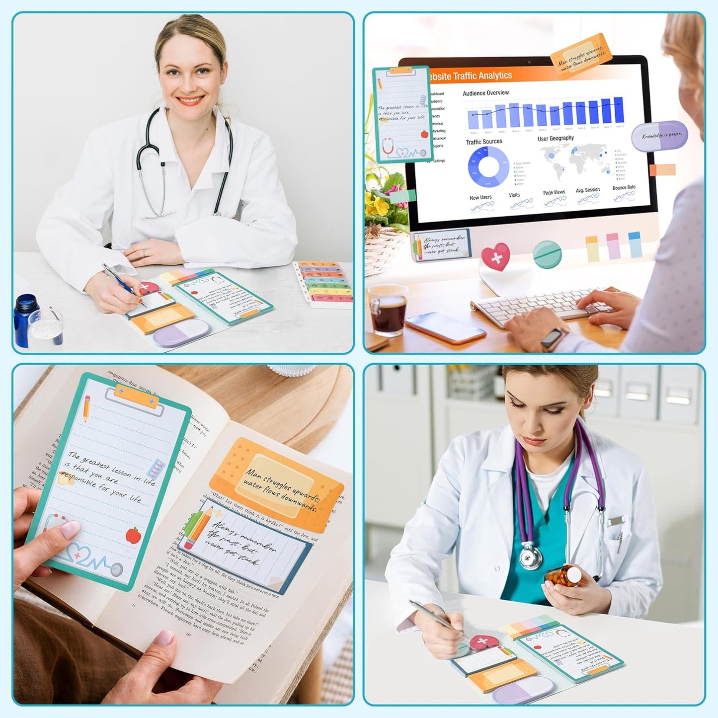 Xqumoi School Nurse Sticky Notes Set - Cute Cartoon Medical Self-Stick Note Pads Writing Memo Pad Page Marker Bookmarker for Nursing Student Essentials Hospital Gift Back to School Office Supplies