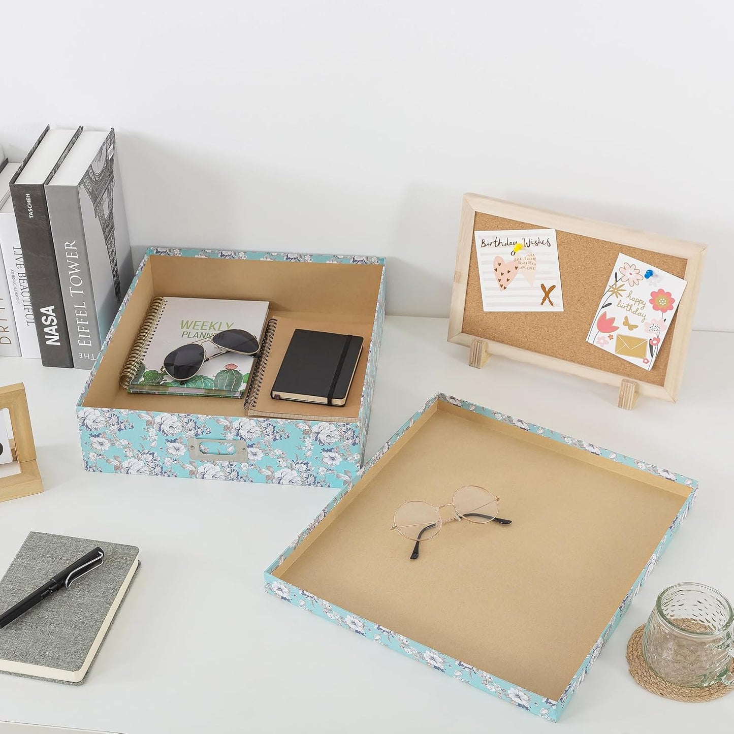 Soul & Lane Photo Storage Box with Lid, 14.8 × 13.0 × 3.7 Inches, Floral Keepsake Memory Organizer, Cardboard Storage for Photo Albums, Scrapbooks, Artwork, Stationary, Memorabilia, Blue Cottage