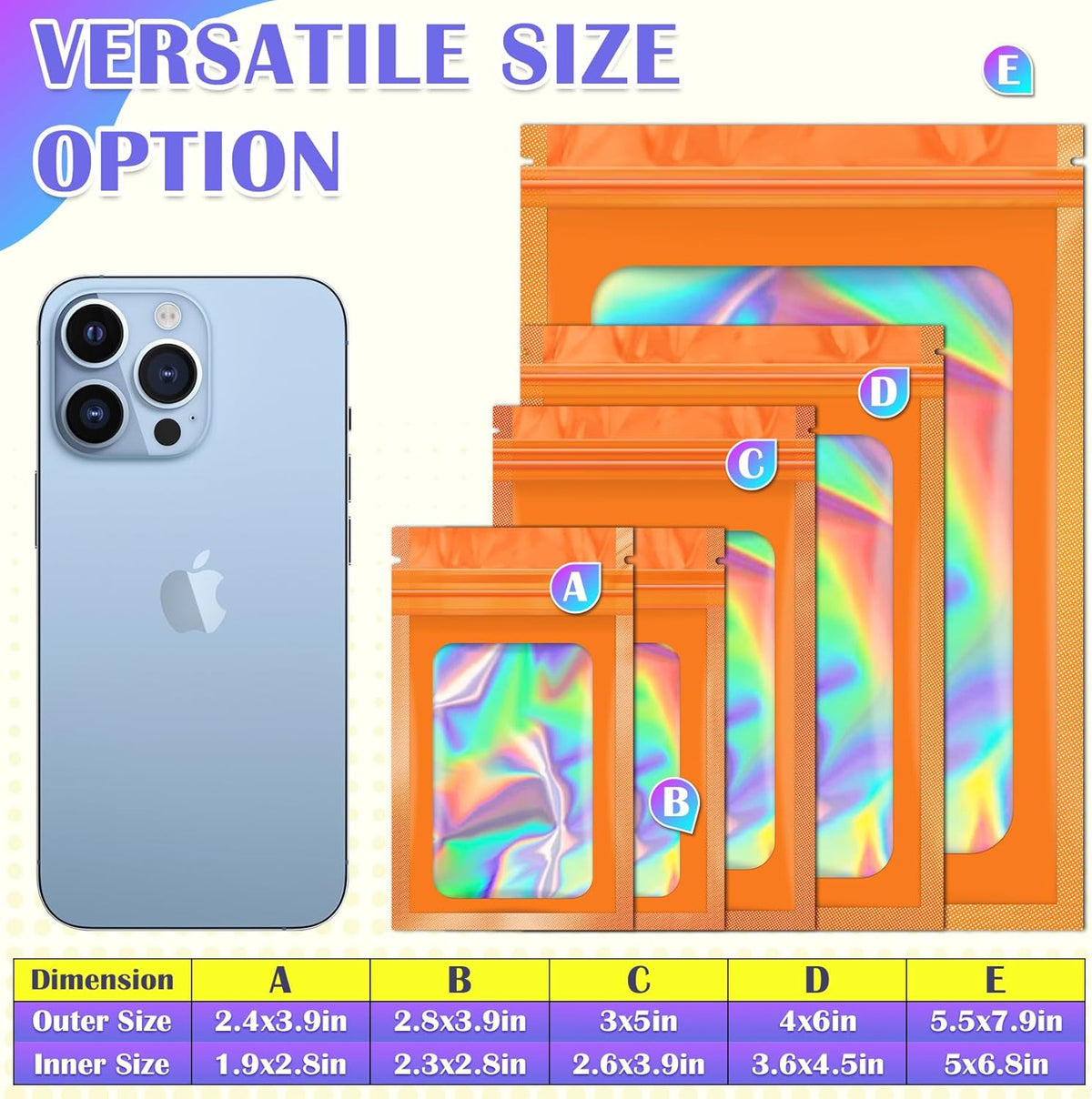 100 Pcs Mylar Bags, Smell Proof Bags Foil Pouch, Holographic Resealable Bags for Small Business, Candy Sample Jewelry Bag Sealable Packaging for Party Favor Food Storage (3x5in-Orange)