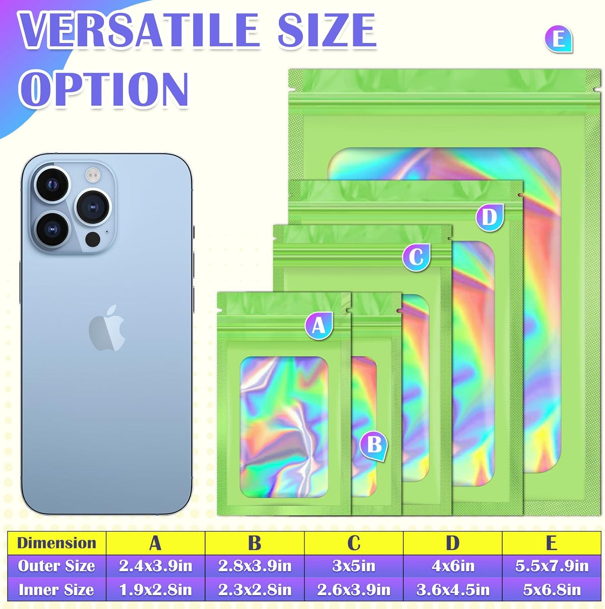 100 Pcs Mylar Bags, Smell Proof Bags Foil Pouch, Holographic Resealable Bags for Small Business, Candy Sample Jewelry Bag Sealable Packaging for Party Favor Food Storage (3x5in-Green)