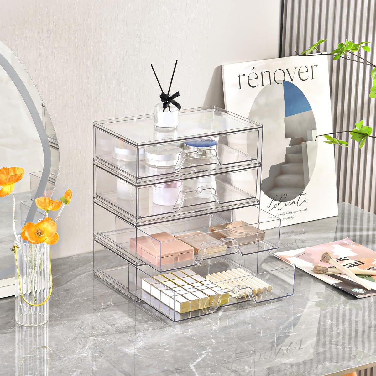 3 Pack Stackable Makeup Organizer, 12.1''L Acrylic Bathroom Organizer and Storage Undersink Drawer, Cosmetics and Beauty Supplies,Clear Plastic Storage Bins for Vanity,Pantry,Desk,Cabinet,Kitchen