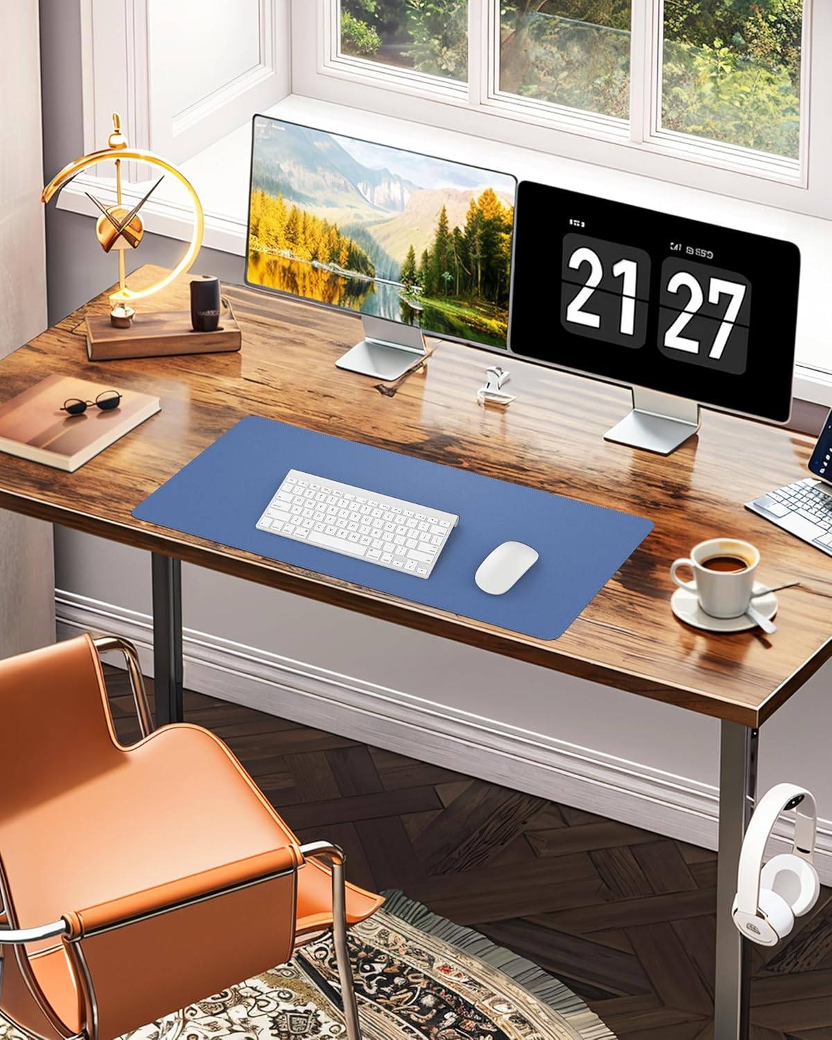 Desk Pad Mat - Leather Desk Pad Protector for Office and Home - Desk Organization and Accessories - Ideal for Large Mouse Pad and Desk Mats on Top of Desks(Grey Blue,35.4" x 17")